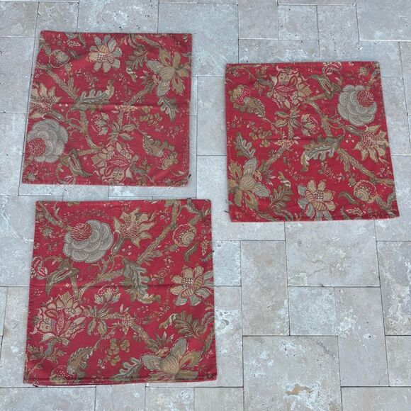 Lot of 3 Pottery Barn Pillow Covers Jacobean Floral Large 24”x24” Red Linen - Picture 1 of 9